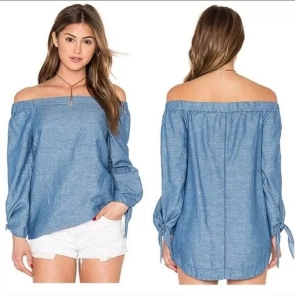 Free People "Show Some Shoulder" Chambray Top - Picture 3 of 7